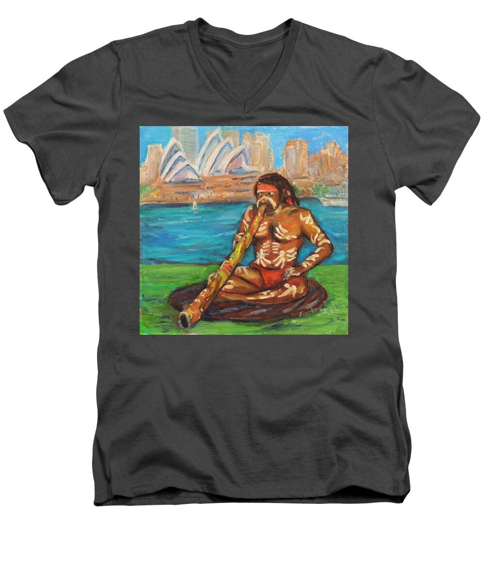 Didgeridoo Men's V-Neck T-Shirt featuring the painting Aussie Dream I by Xueling Zou