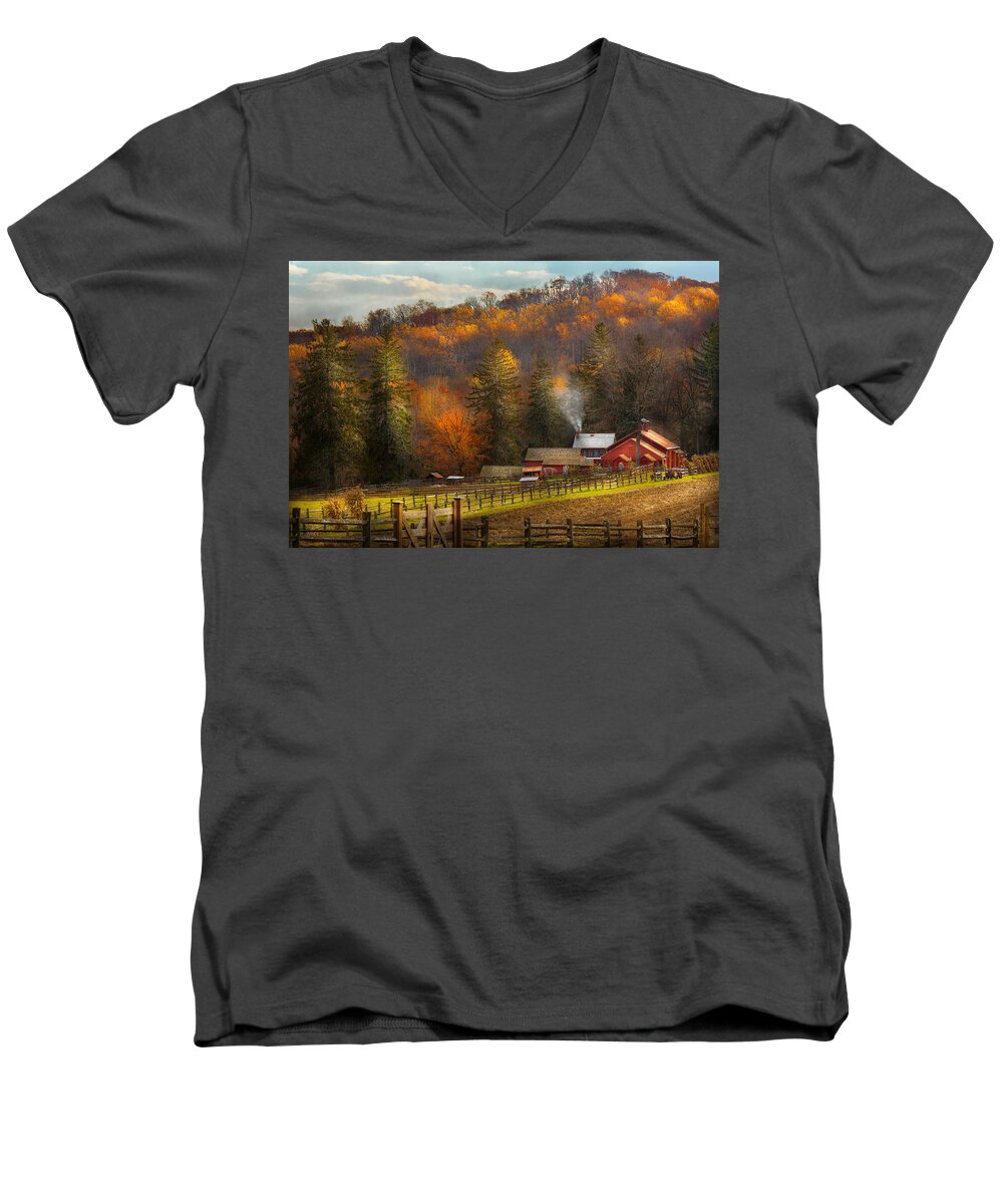 Happy Little Trees Men's V-Neck T-Shirt featuring the photograph Autumn - Barn - The end of a season by Mike Savad