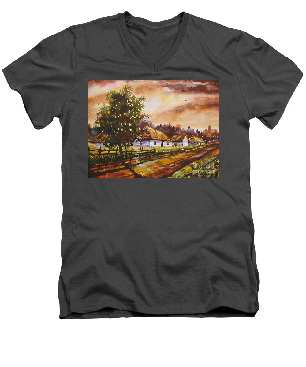 Autumn Cottages Men's V-Neck T-Shirt featuring the painting Autumn Cottages by Dariusz Orszulik