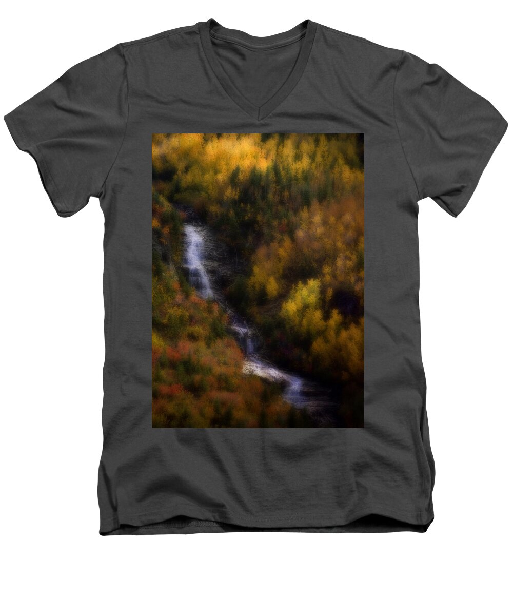 Colorado Men's V-Neck T-Shirt featuring the photograph Autumn Forest Falls by Ellen Heaverlo