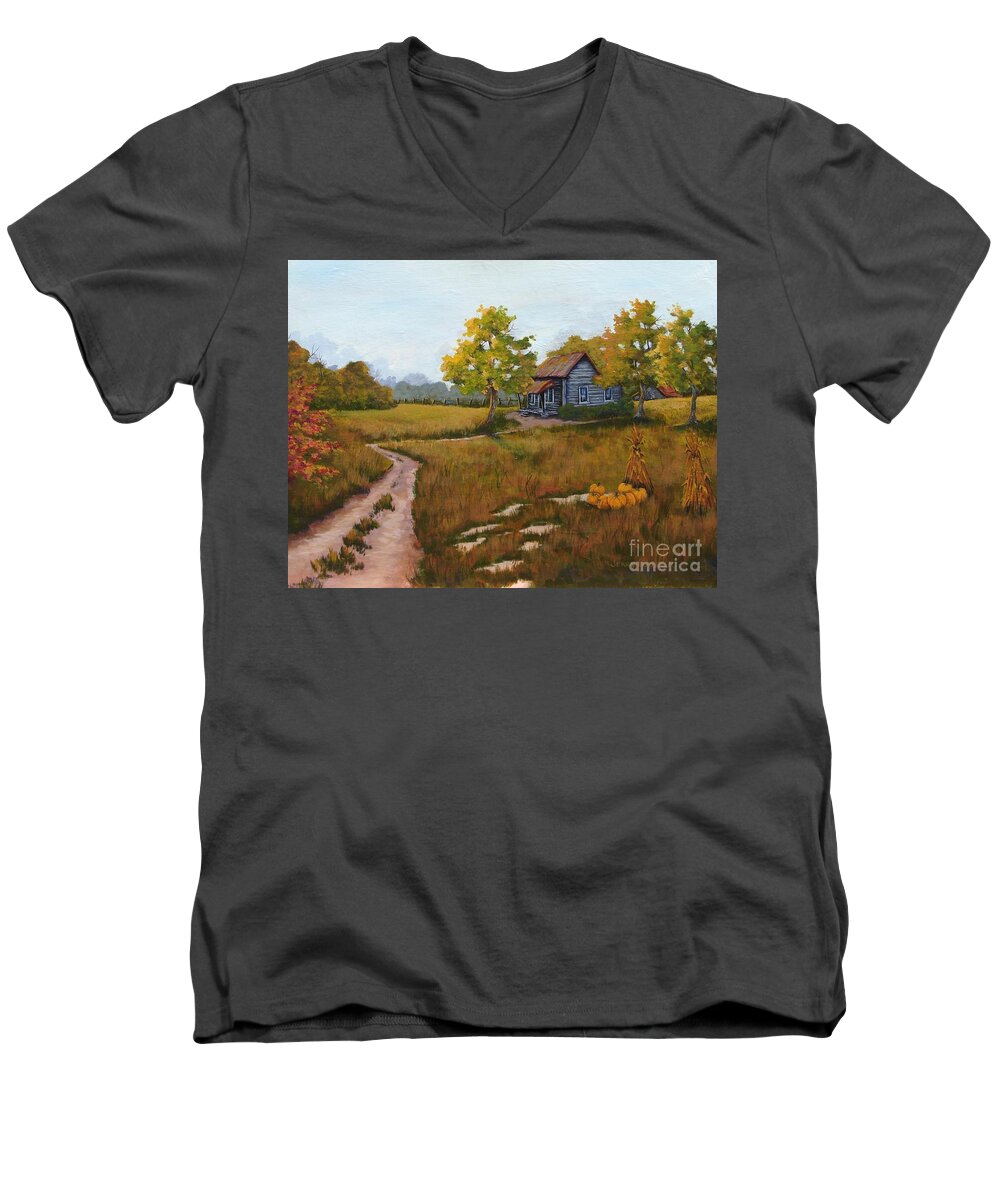Landscape Men's V-Neck T-Shirt featuring the painting Autumn Harvest by Jerry Walker