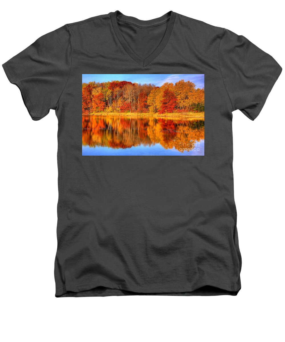 Eagan Men's V-Neck T-Shirt featuring the photograph Autumn Reflections Minnesota Autumn by Wayne Moran