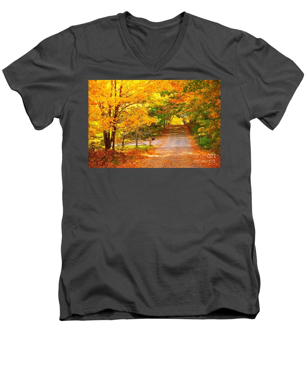 Autumn Men's V-Neck T-Shirt featuring the photograph Autumn Road Home by Terri Gostola