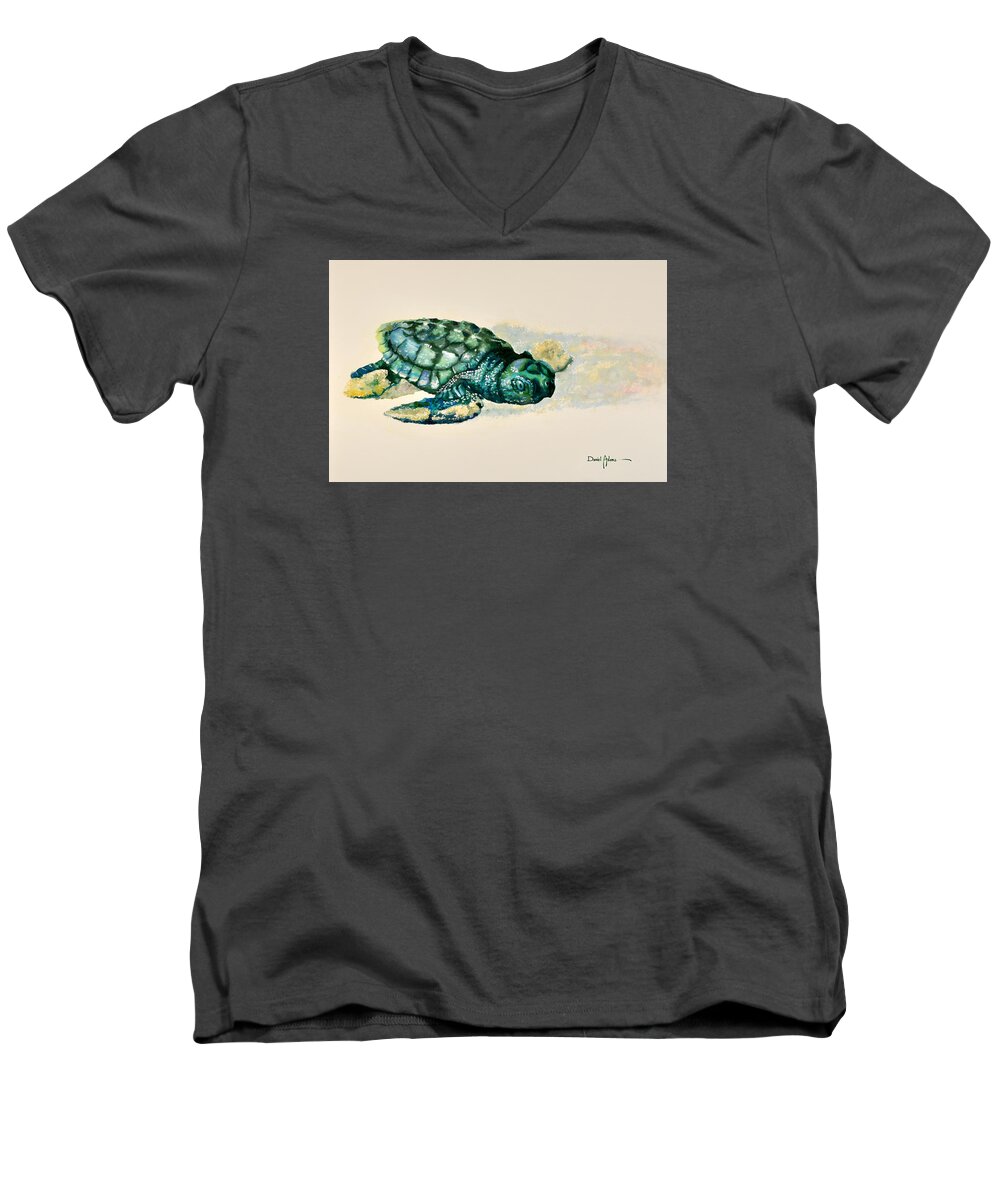 Turtle Men's V-Neck T-Shirt featuring the painting DA150 Baby Sea Turtle by Daniel Adams by Daniel Adams