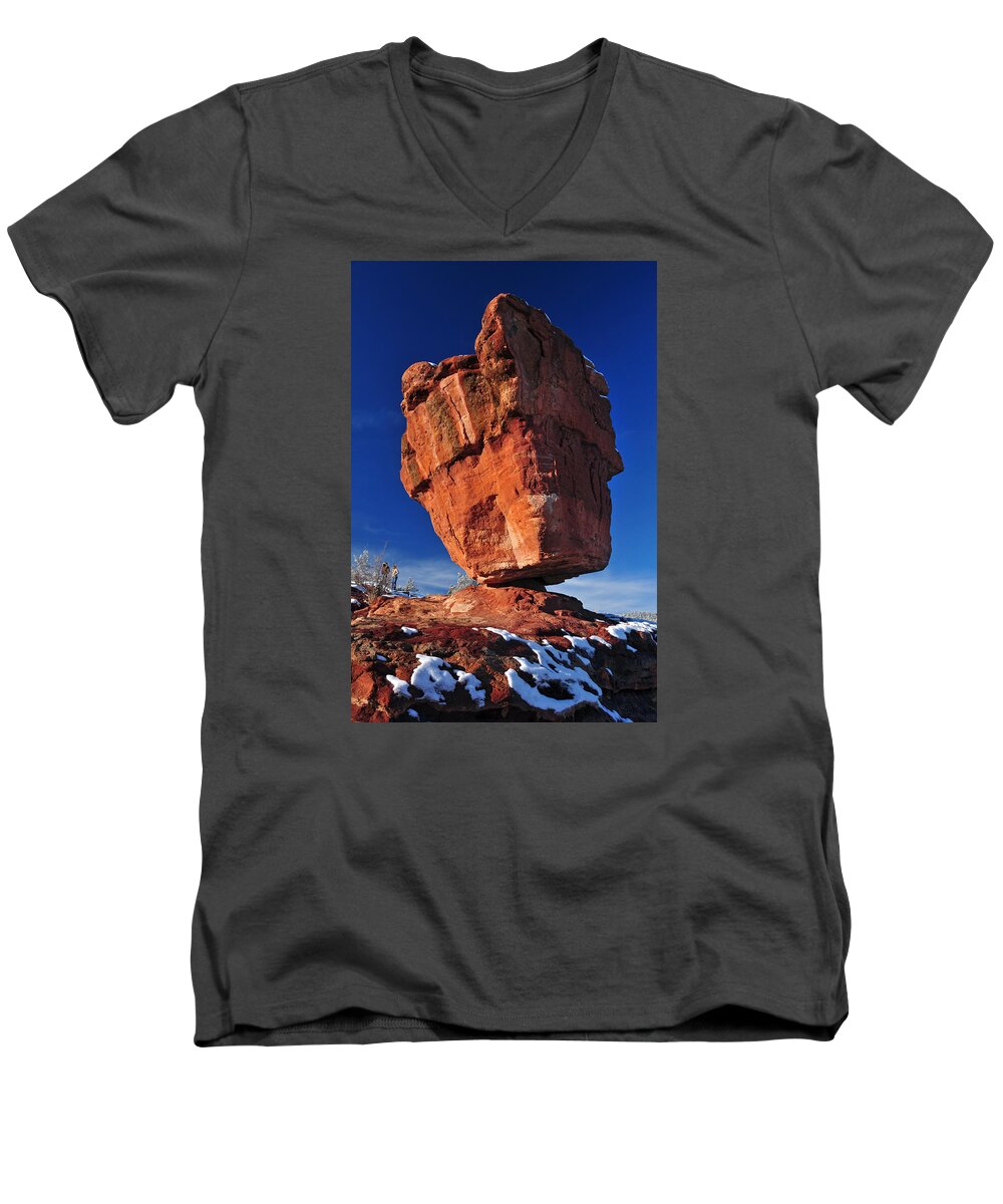 Colorado Springs Men's V-Neck T-Shirt featuring the photograph Balanced Rock at Garden of the Gods with Snow by John Hoffman