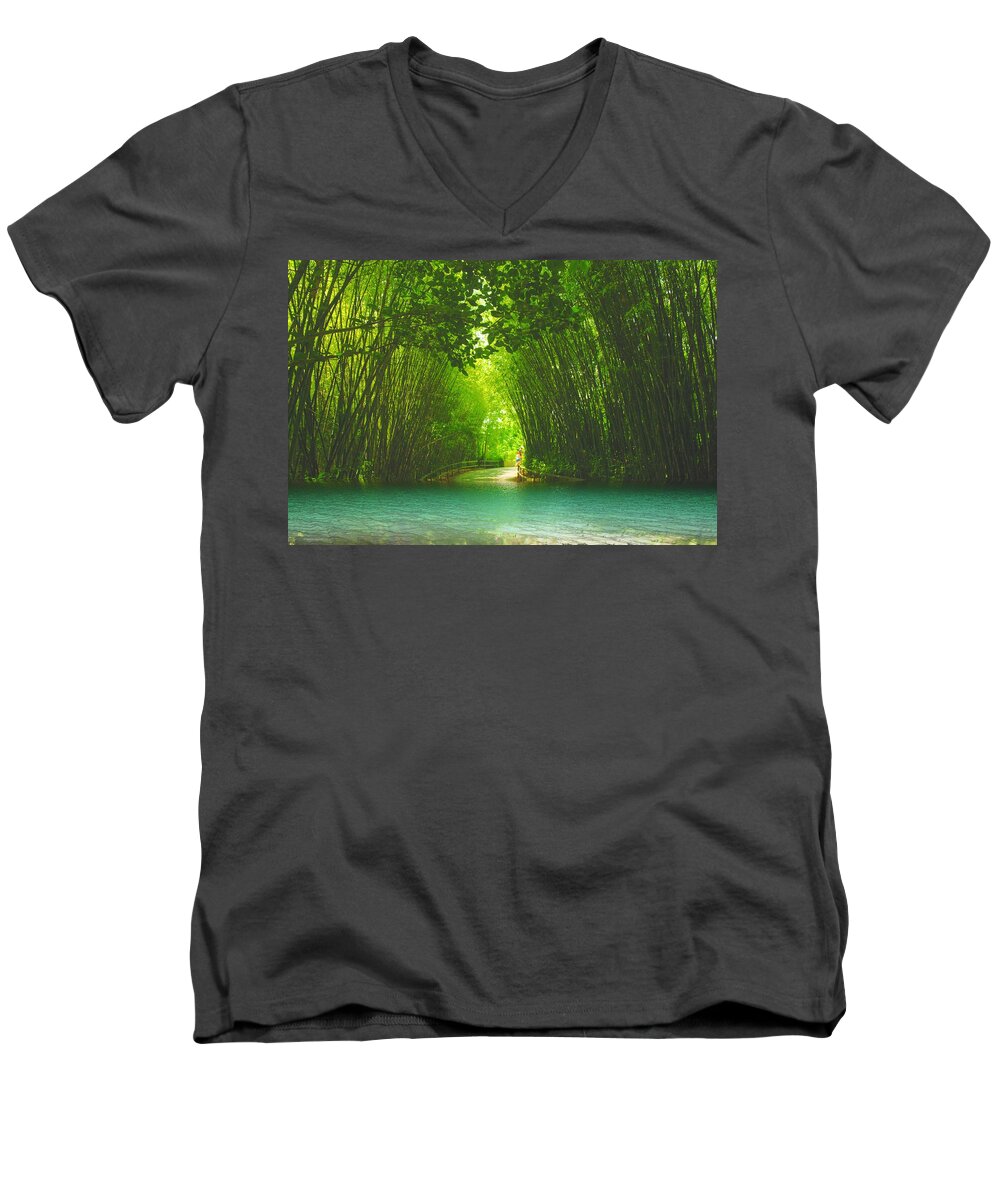 Blue Lagoon Men's V-Neck T-Shirt featuring the photograph bamboo path to Blue Lagoon by Dennis Baswell