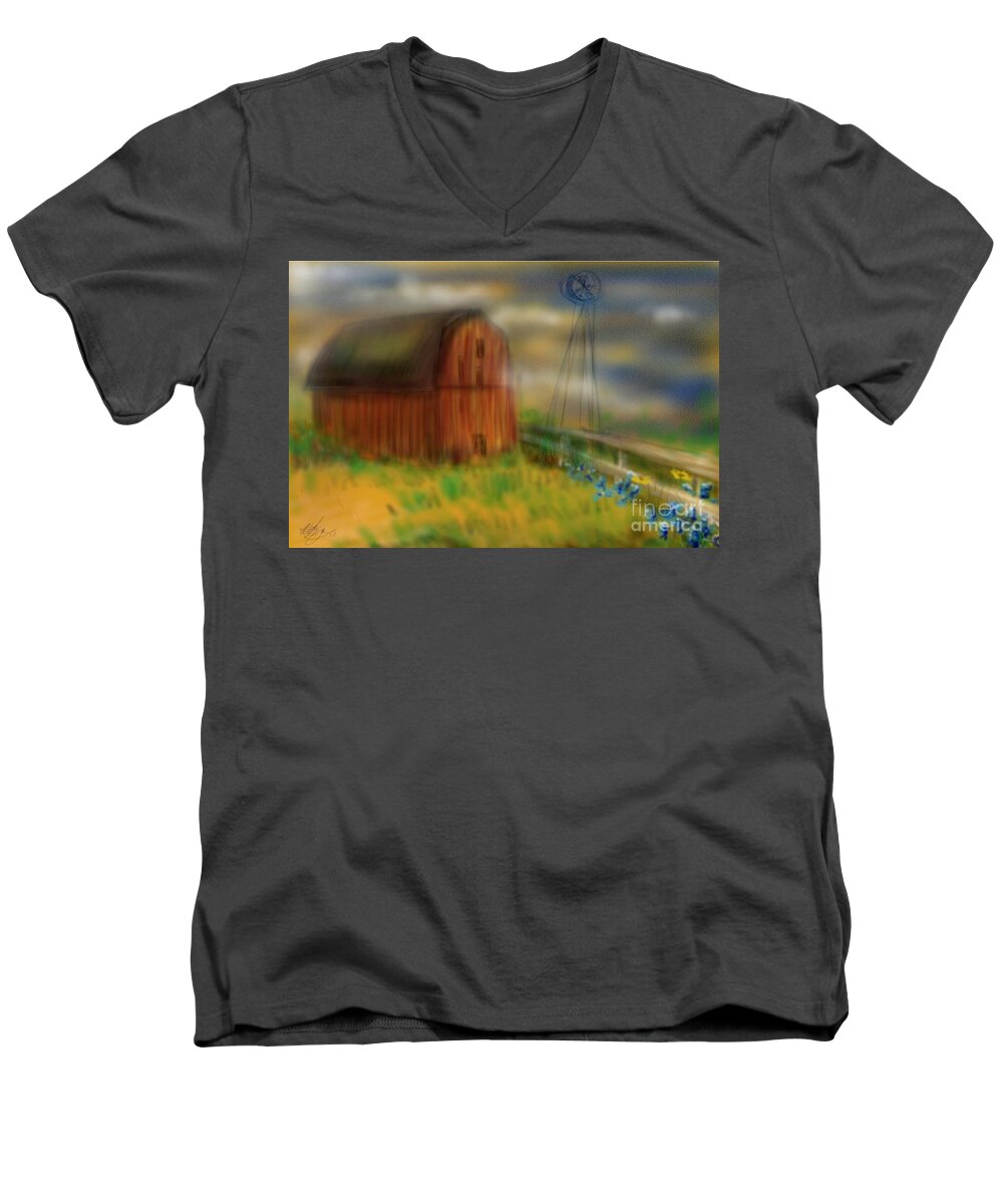 Barn Men's V-Neck T-Shirt featuring the painting Barn by Marisela Mungia