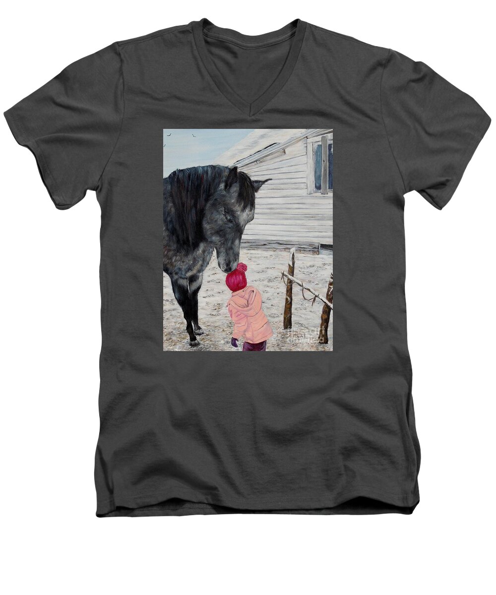 Horse Men's V-Neck T-Shirt featuring the painting Barnyard kiss by Marilyn McNish