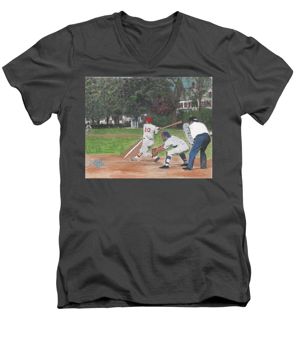 Baseball Men's V-Neck T-Shirt featuring the painting Baseball at Stone Park by Cliff Wilson