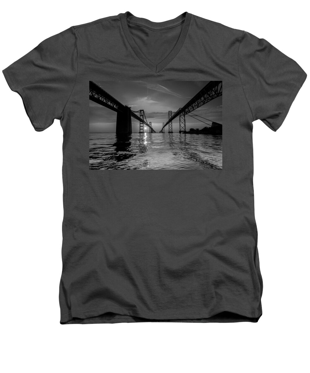Bay Bridge Men's V-Neck T-Shirt featuring the photograph Bay Bridge Strength by Jennifer Casey