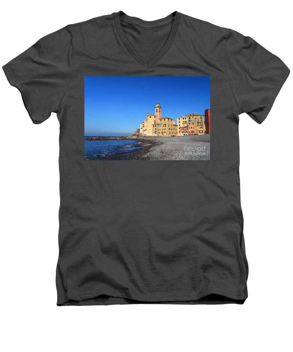 Ancient Men's V-Neck T-Shirt featuring the photograph beach and church in Camogli by Antonio Scarpi
