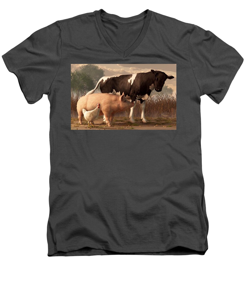 Cow Men's V-Neck T-Shirt featuring the digital art Beef Pork and Poultry by Daniel Eskridge