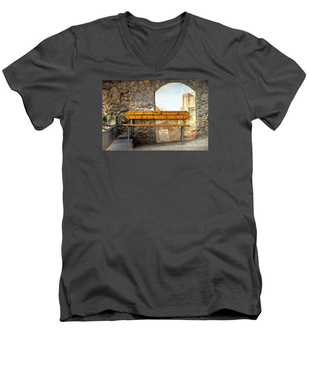 Italy Men's V-Neck T-Shirt featuring the photograph Bench in Riomaggiore by Prints of Italy
