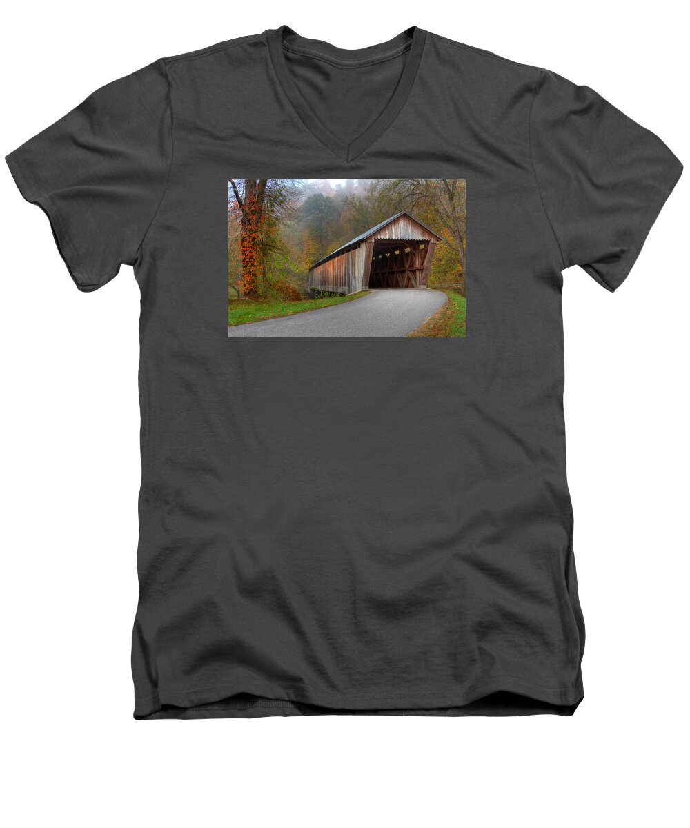  Ky Men's V-Neck T-Shirt featuring the photograph Bennett Mill Covered Bridge by Jack R Perry