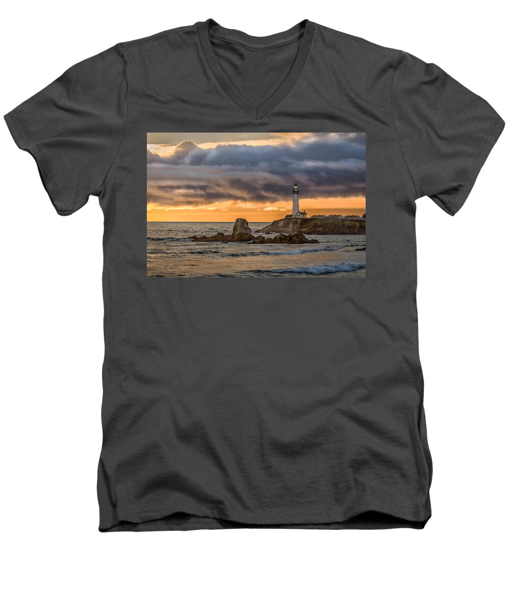 Lighthouse Men's V-Neck T-Shirt featuring the photograph Between Storms by Linda Villers