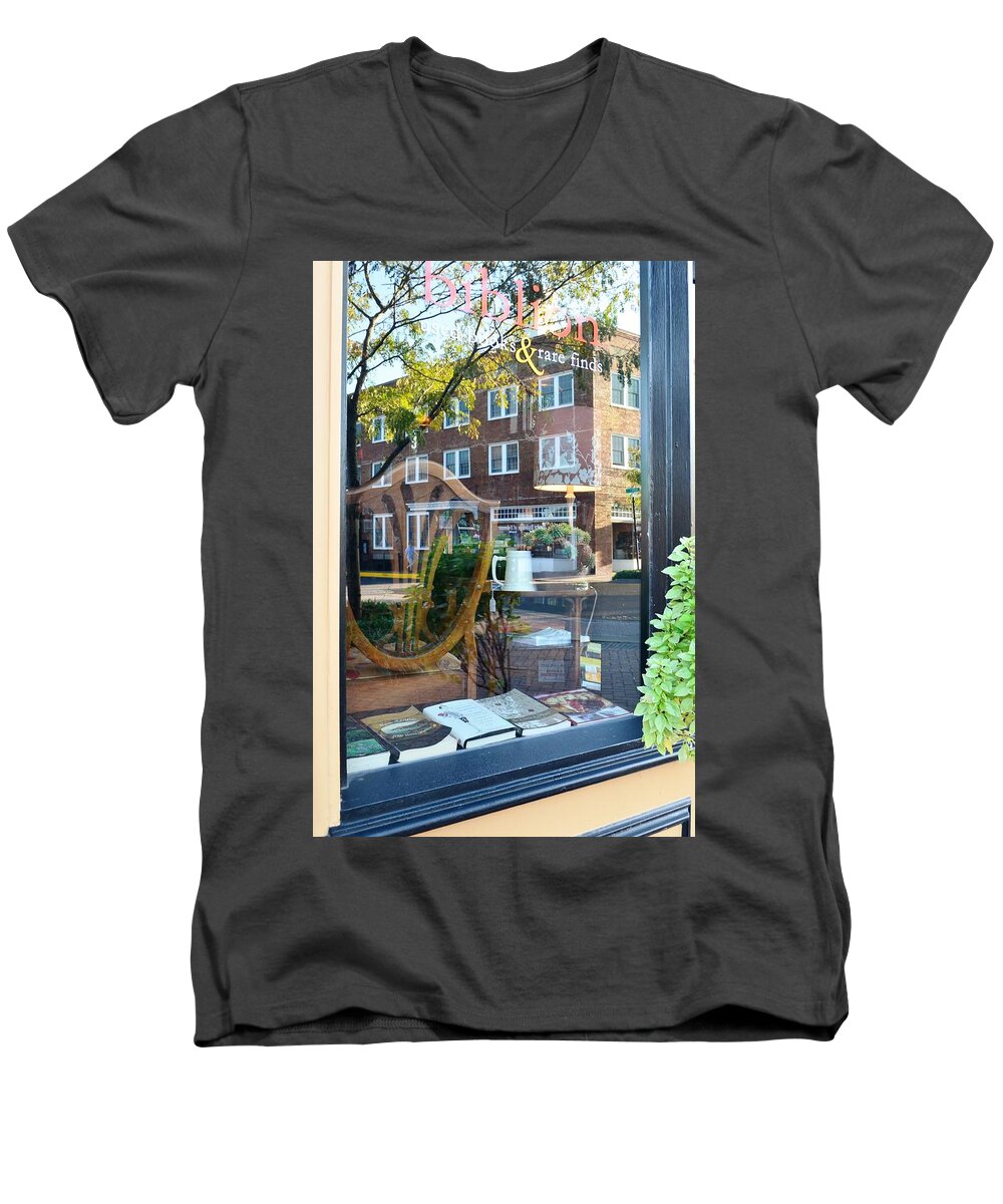 Lewes Men's V-Neck T-Shirt featuring the photograph Biblion Used Books Reflections 4 - Lewes Delaware by Kim Bemis