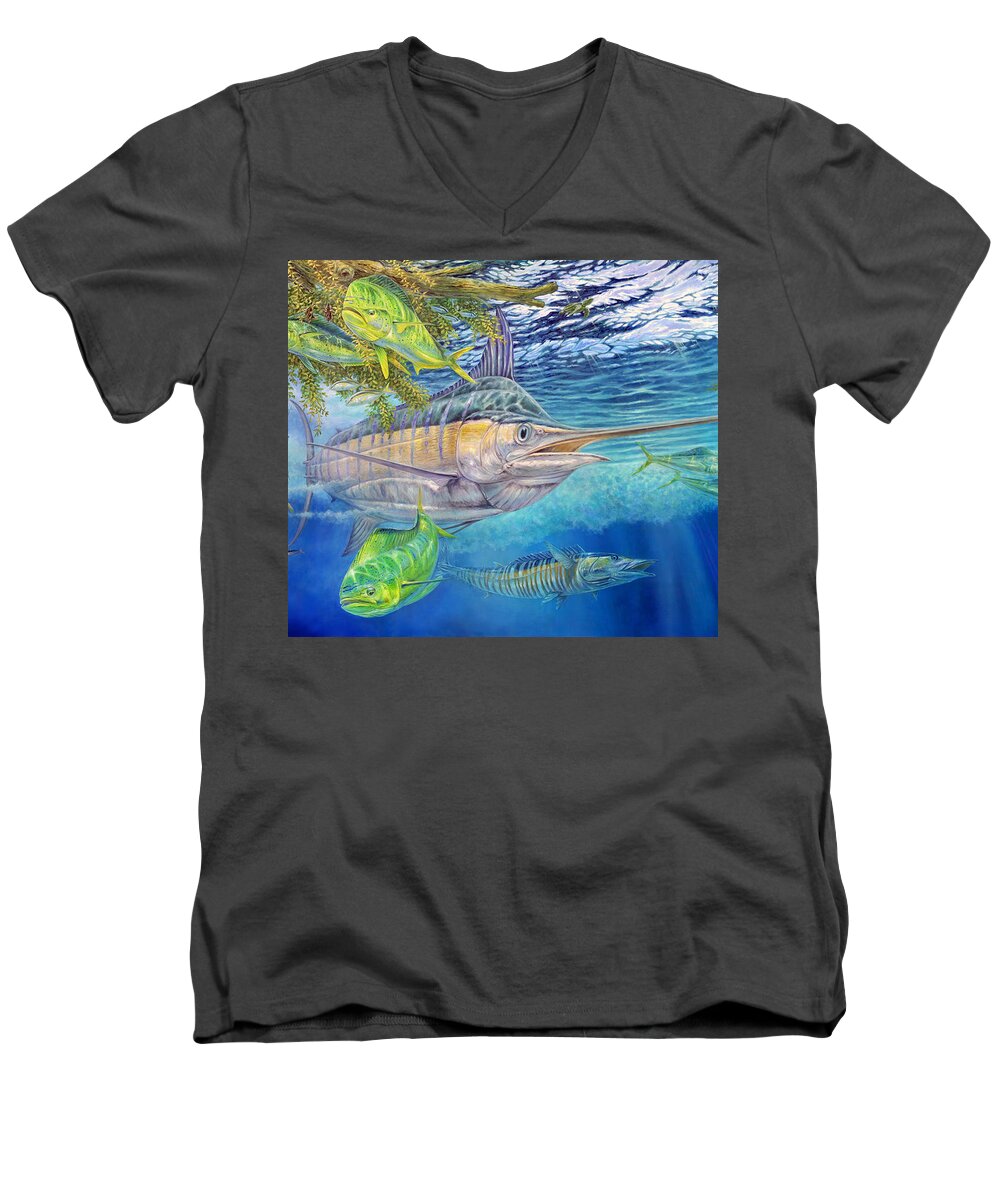 Blue Marlin Men's V-Neck T-Shirt featuring the painting Big Blue Hunting In The Weeds by Terry Fox