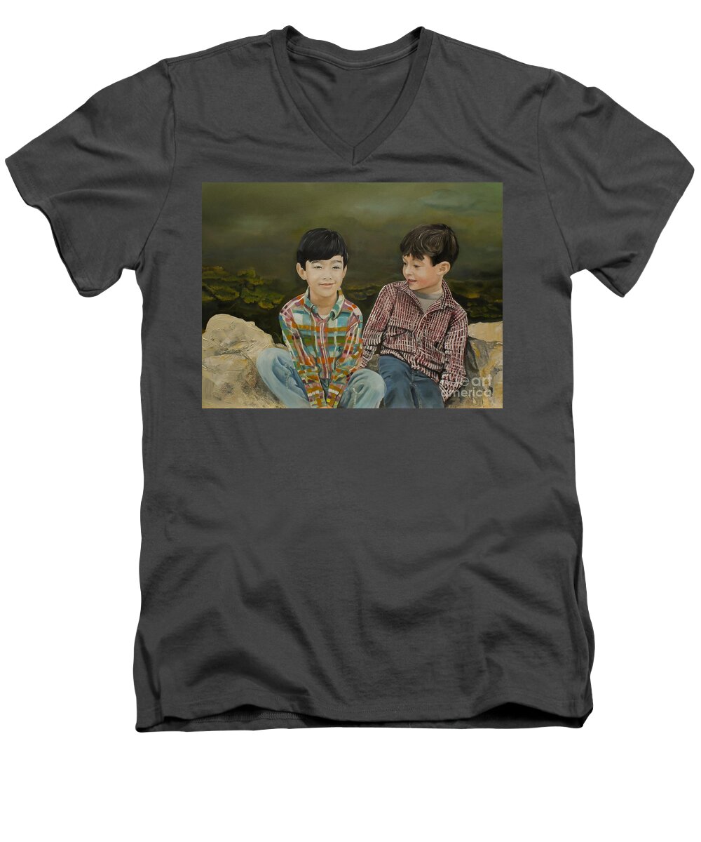 Brothers Men's V-Neck T-Shirt featuring the painting Big Brother by Jan Dappen