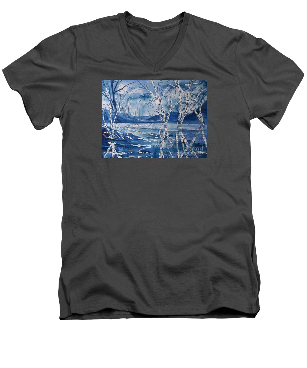 Birch Trees Men's V-Neck T-Shirt featuring the painting Birches in Blue by Ellen Levinson