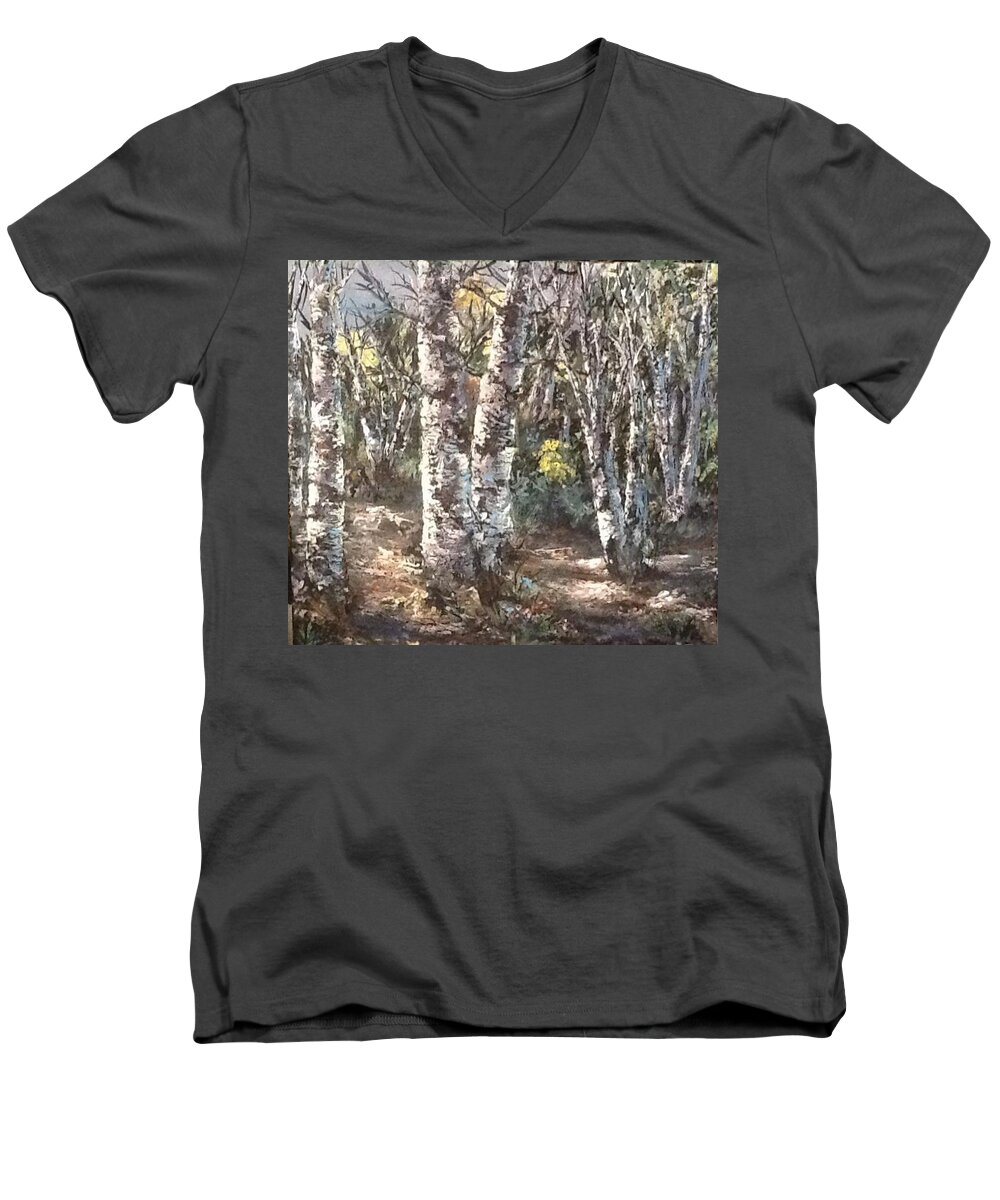 Trees Men's V-Neck T-Shirt featuring the painting Birches by Megan Walsh