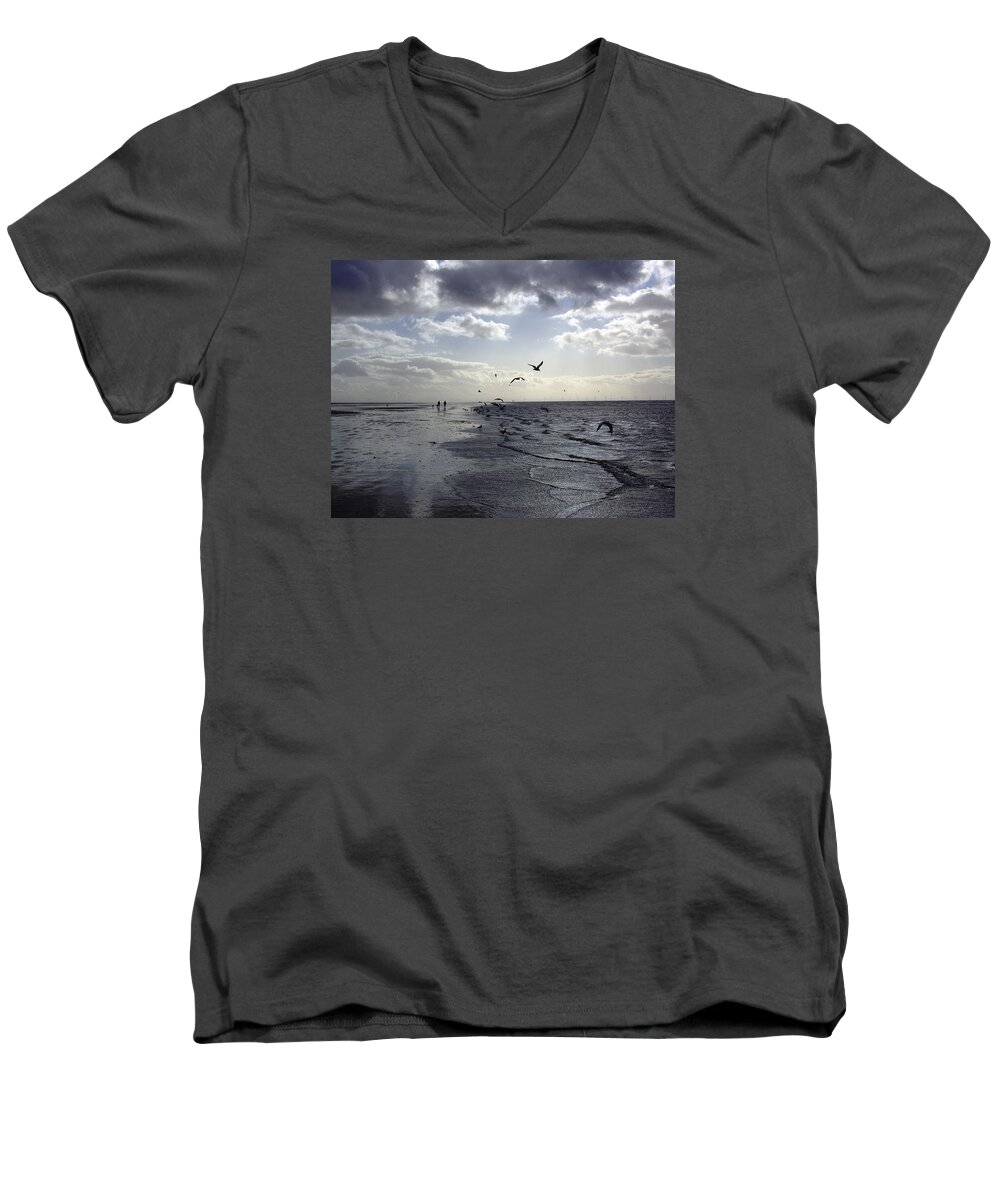 Birds Men's V-Neck T-Shirt featuring the photograph Birds at the Beach 2 by Steve Kearns