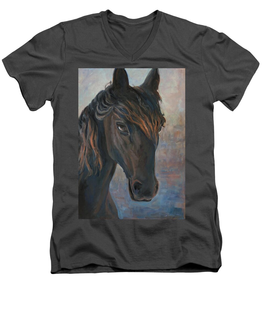 Horse Men's V-Neck T-Shirt featuring the painting Black horse by Marco Busoni