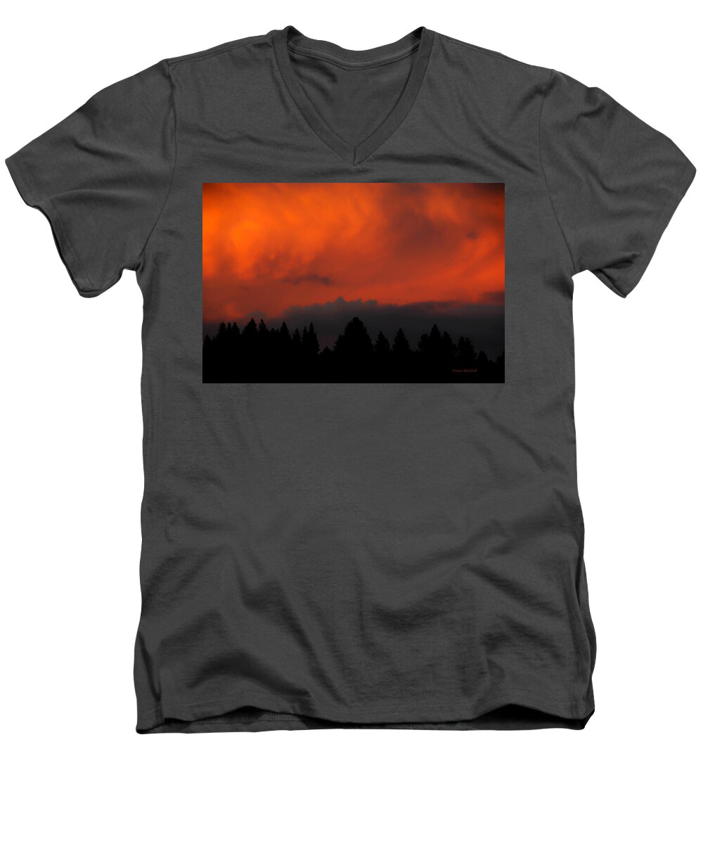 Fire Men's V-Neck T-Shirt featuring the photograph Blazing Sky by Donna Blackhall