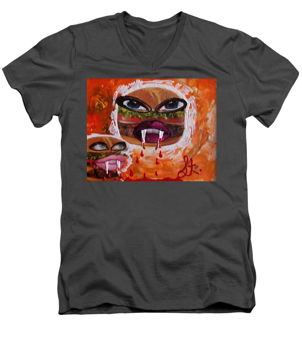 Food Men's V-Neck T-Shirt featuring the painting Bloody Meat by Lisa Piper
