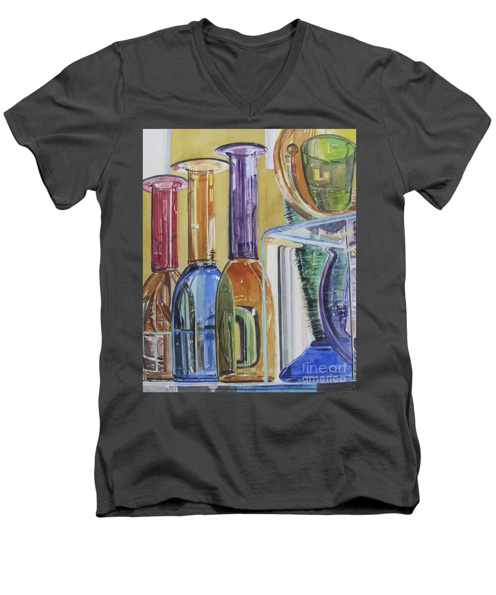 Original Watercolor Men's V-Neck T-Shirt featuring the painting Blown Glass by Carol Flagg