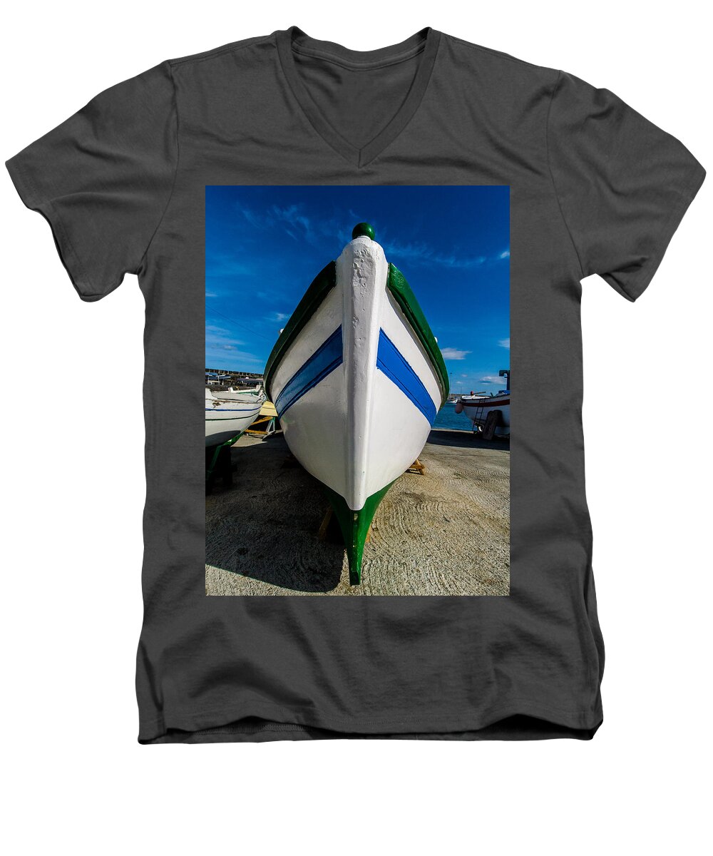 Angler Men's V-Neck T-Shirt featuring the photograph Blue And Green Boat by Joseph Amaral