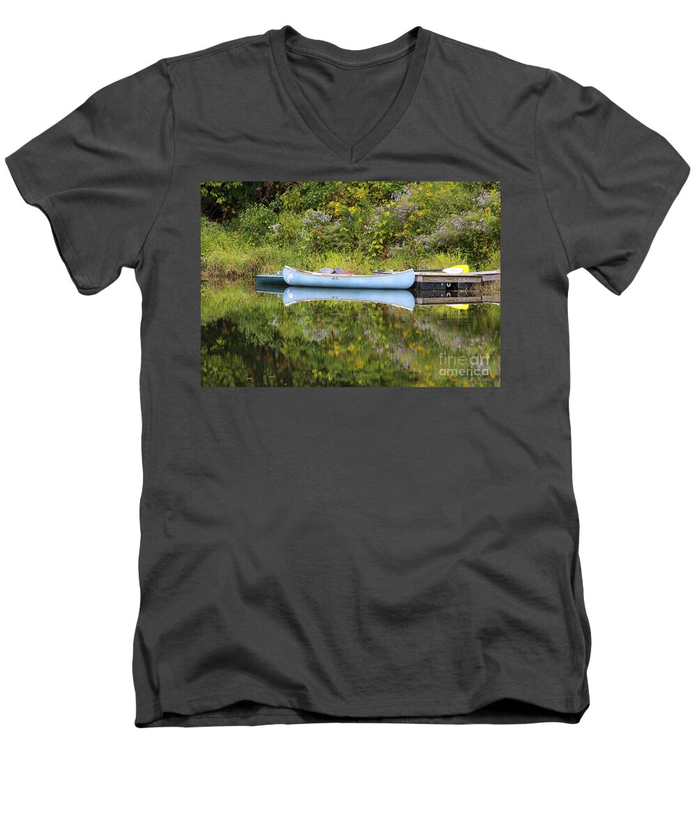 Pond Men's V-Neck T-Shirt featuring the photograph Blue Canoe by Deborah Benoit