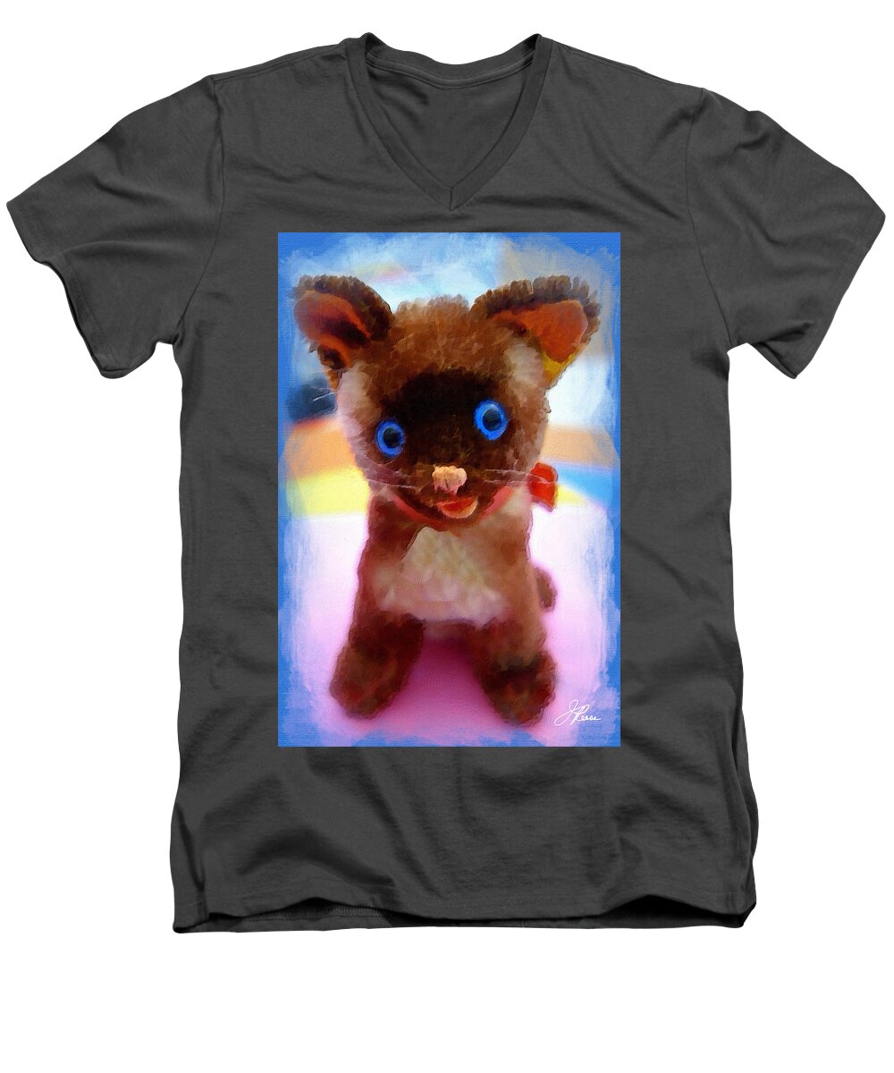 Simey Stuffed Animal Men's V-Neck T-Shirt featuring the painting Blue Eyed Kitty by Joan Reese