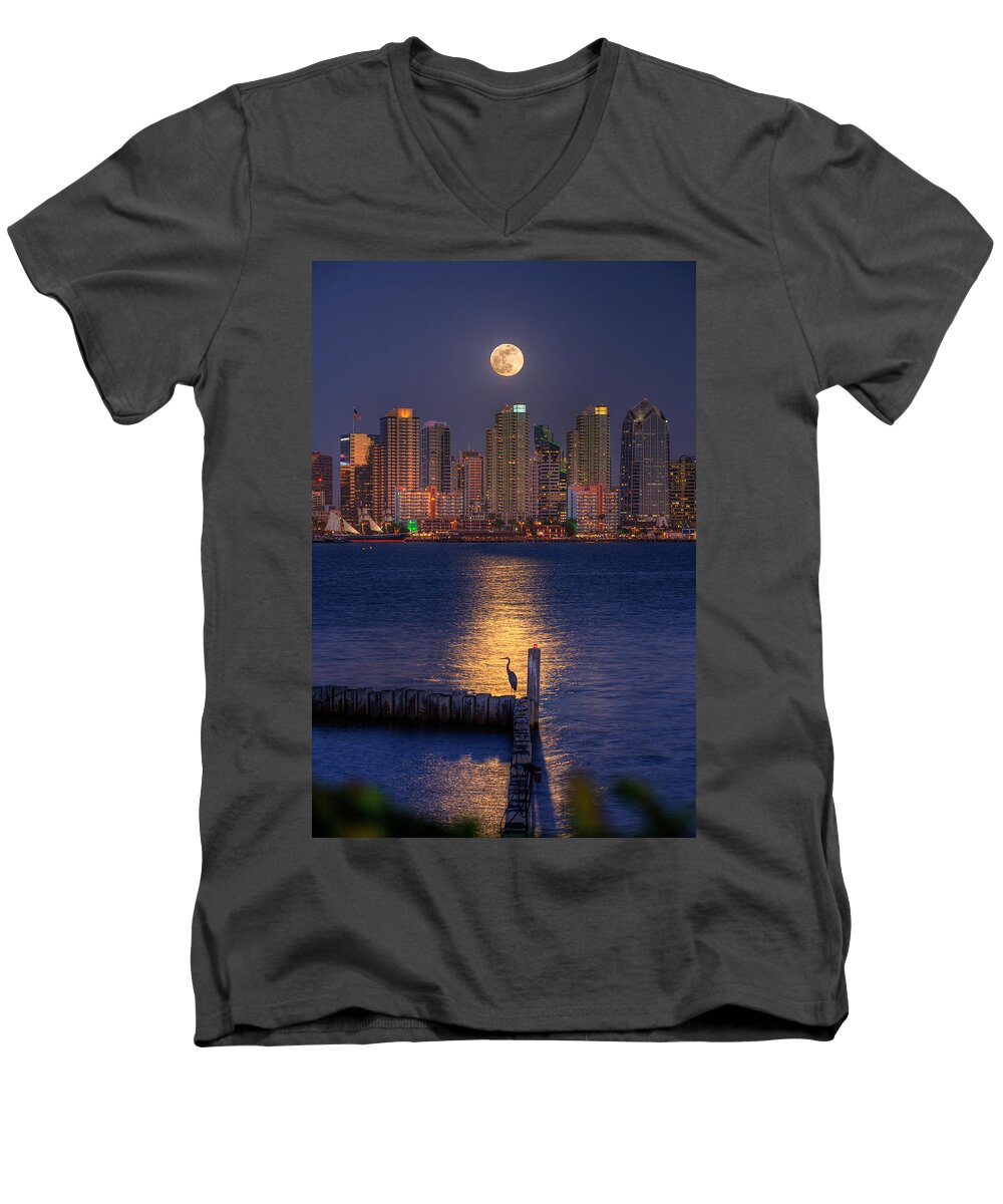 Moonlight Men's V-Neck T-Shirt featuring the photograph Blue Heron Moon by Peter Tellone
