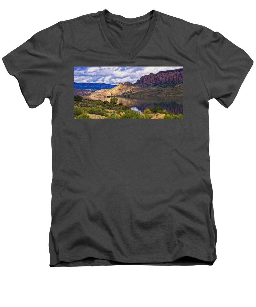Blue Mesa Reservoir Men's V-Neck T-Shirt featuring the photograph Blue Mesa Reservoir Digital Painting by Priscilla Burgers