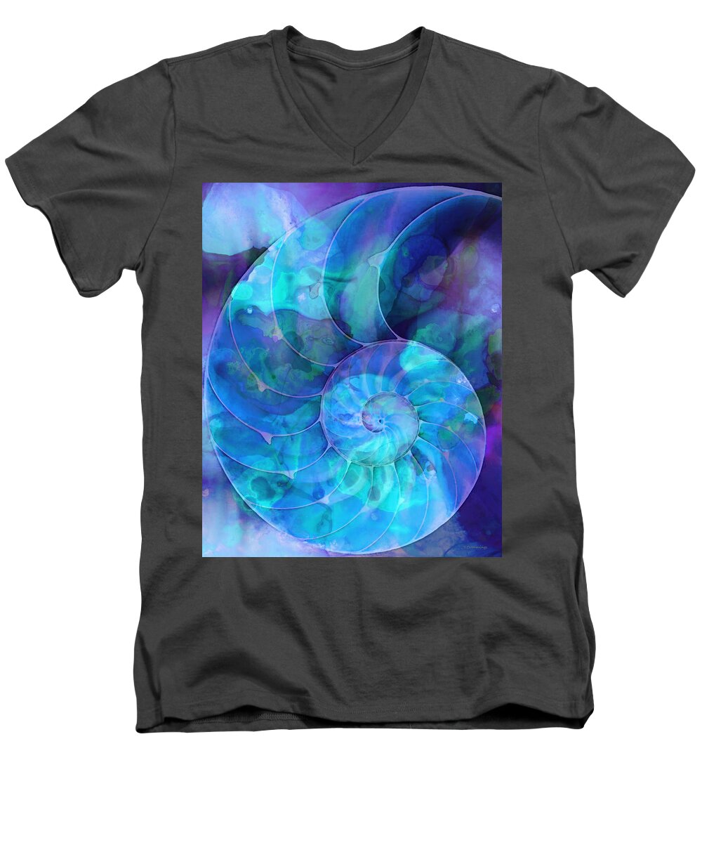 Blue Men's V-Neck T-Shirt featuring the painting Blue Nautilus Shell By Sharon Cummings by Sharon Cummings