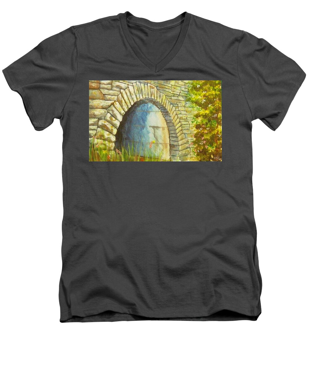Blue Ridge Parkway Men's V-Neck T-Shirt featuring the painting Blue Ridge Tunnel by Nicole Angell