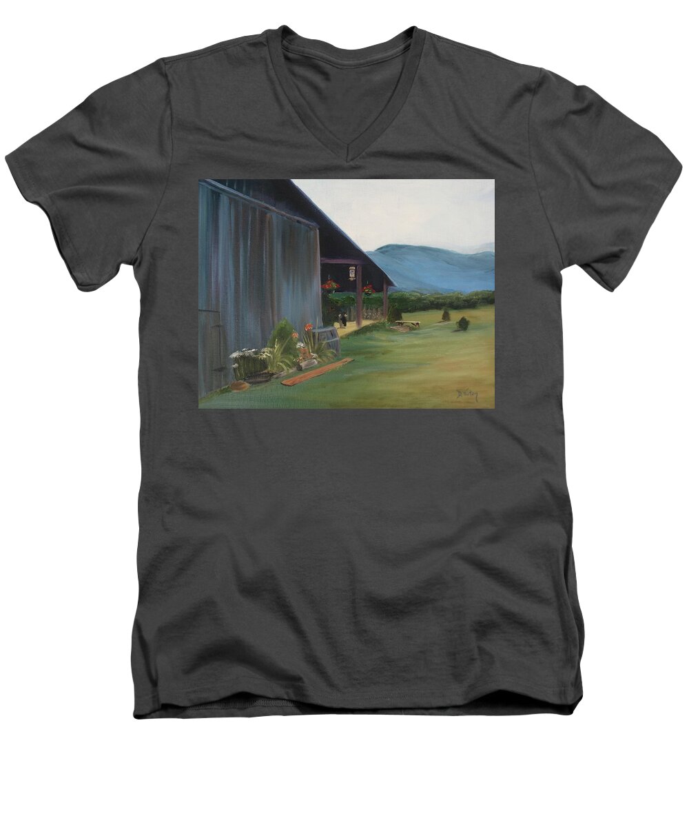 Blue Ridge Men's V-Neck T-Shirt featuring the painting Blue Ridge Vineyard by Donna Tuten