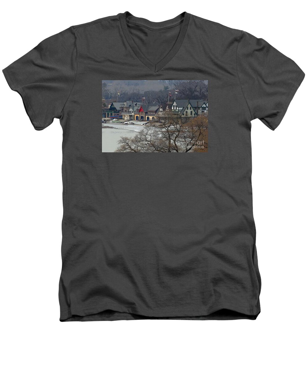 Philadelphia Men's V-Neck T-Shirt featuring the photograph Philadelphia's Boat House Row by Cindy Manero