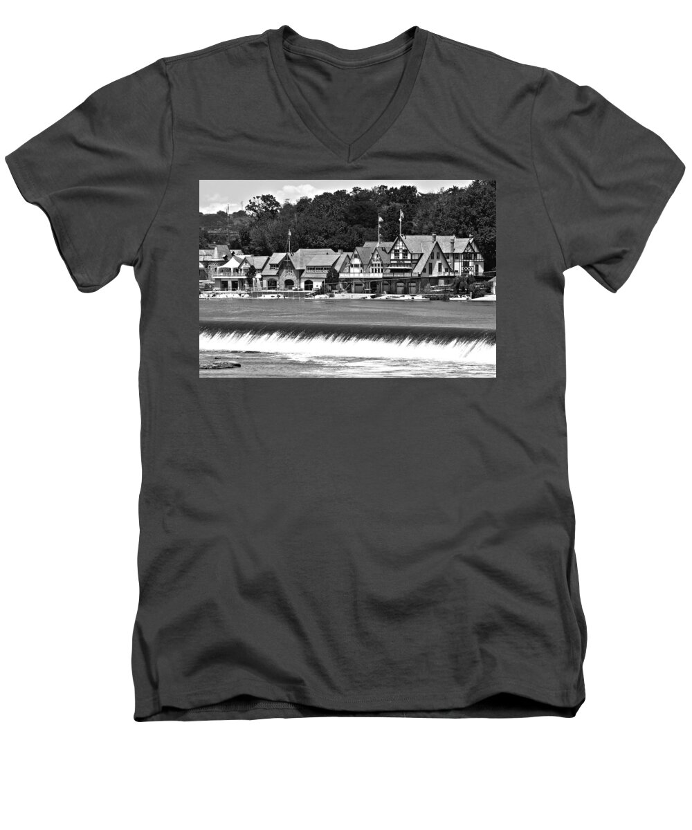 Boathouse Men's V-Neck T-Shirt featuring the photograph Boathouse Row - BW by Lou Ford
