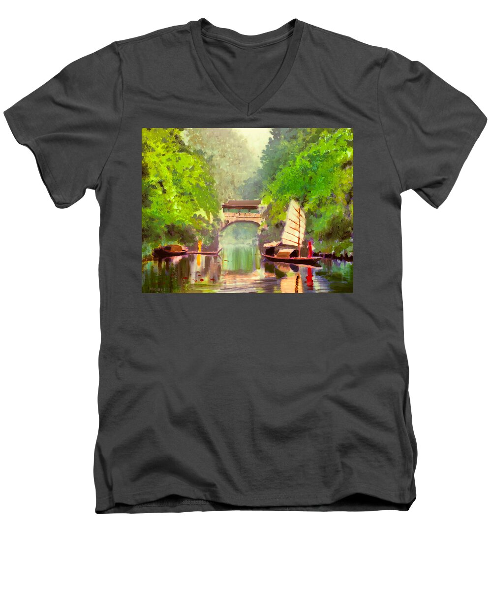 Boat Men's V-Neck T-Shirt featuring the painting Boatmen by Melissa Herrin