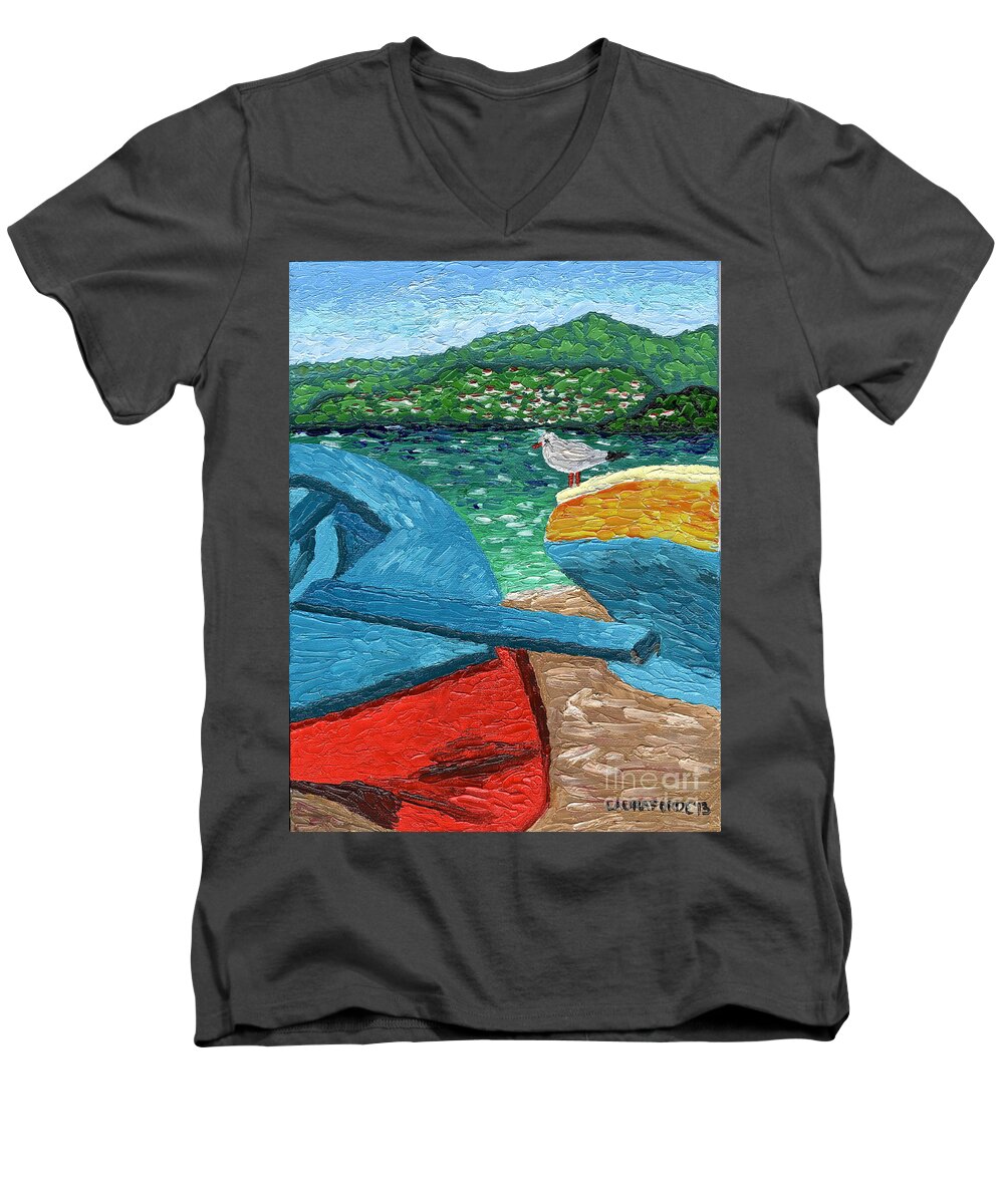 Seascape Men's V-Neck T-Shirt featuring the painting Boats and Bird at Rest by Laura Forde