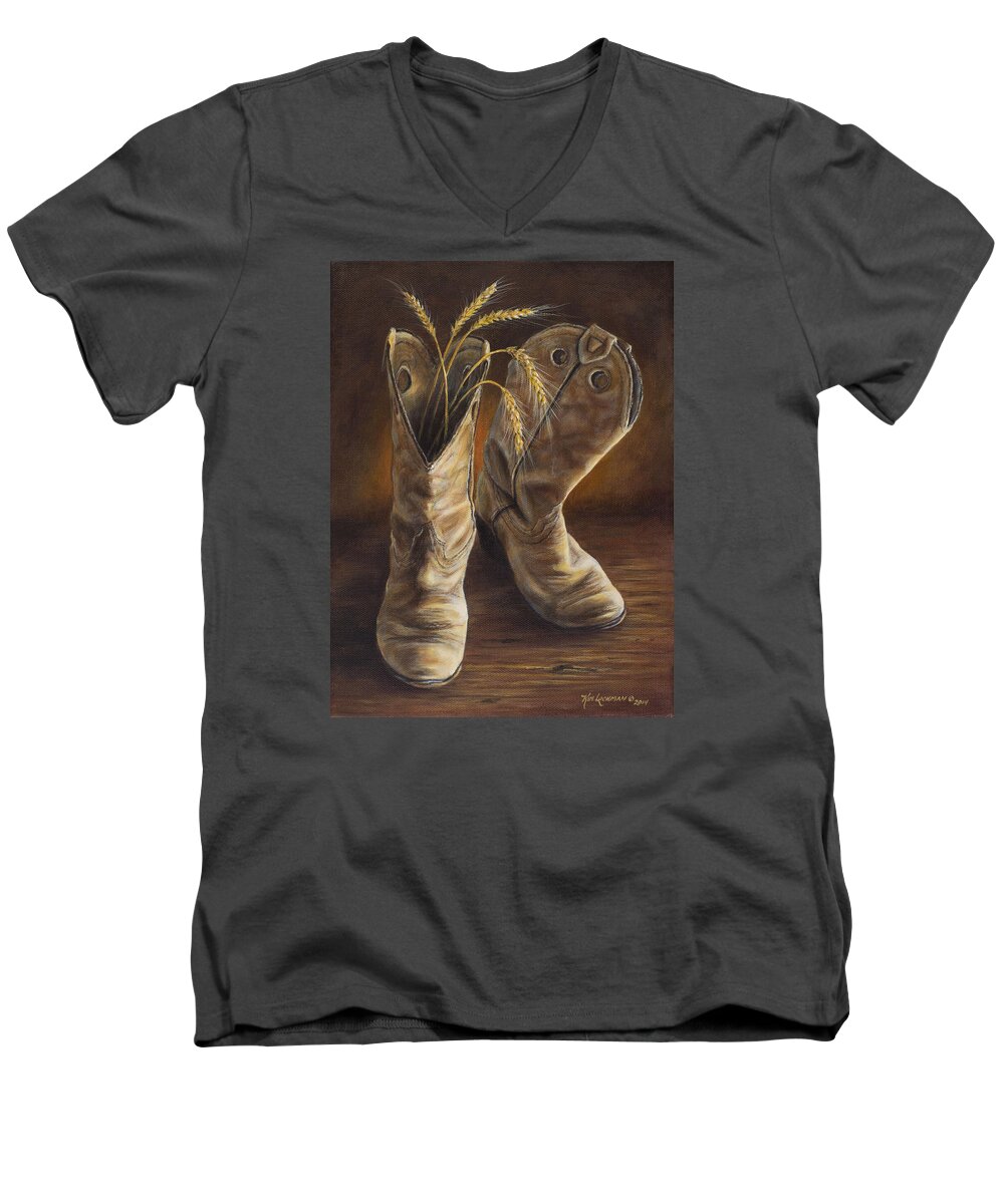 Cowboy Boots Men's V-Neck T-Shirt featuring the painting Boots and Wheat by Kim Lockman
