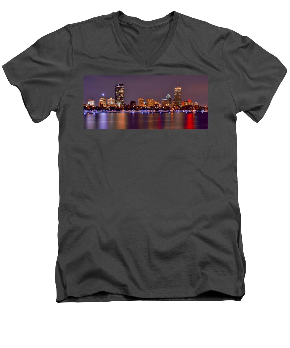 Boston Skyline At Night Men's V-Neck T-Shirt featuring the photograph Boston Back Bay Skyline at Night Color Panorama by Jon Holiday