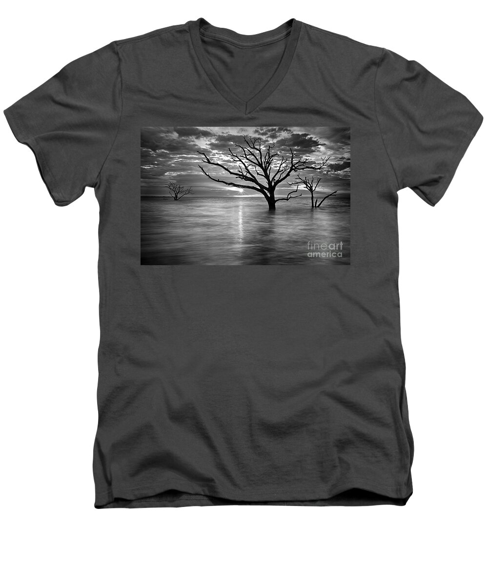 Botany Bay Men's V-Neck T-Shirt featuring the photograph Botany Bay Sunrise 6 Black and White by Carrie Cranwill