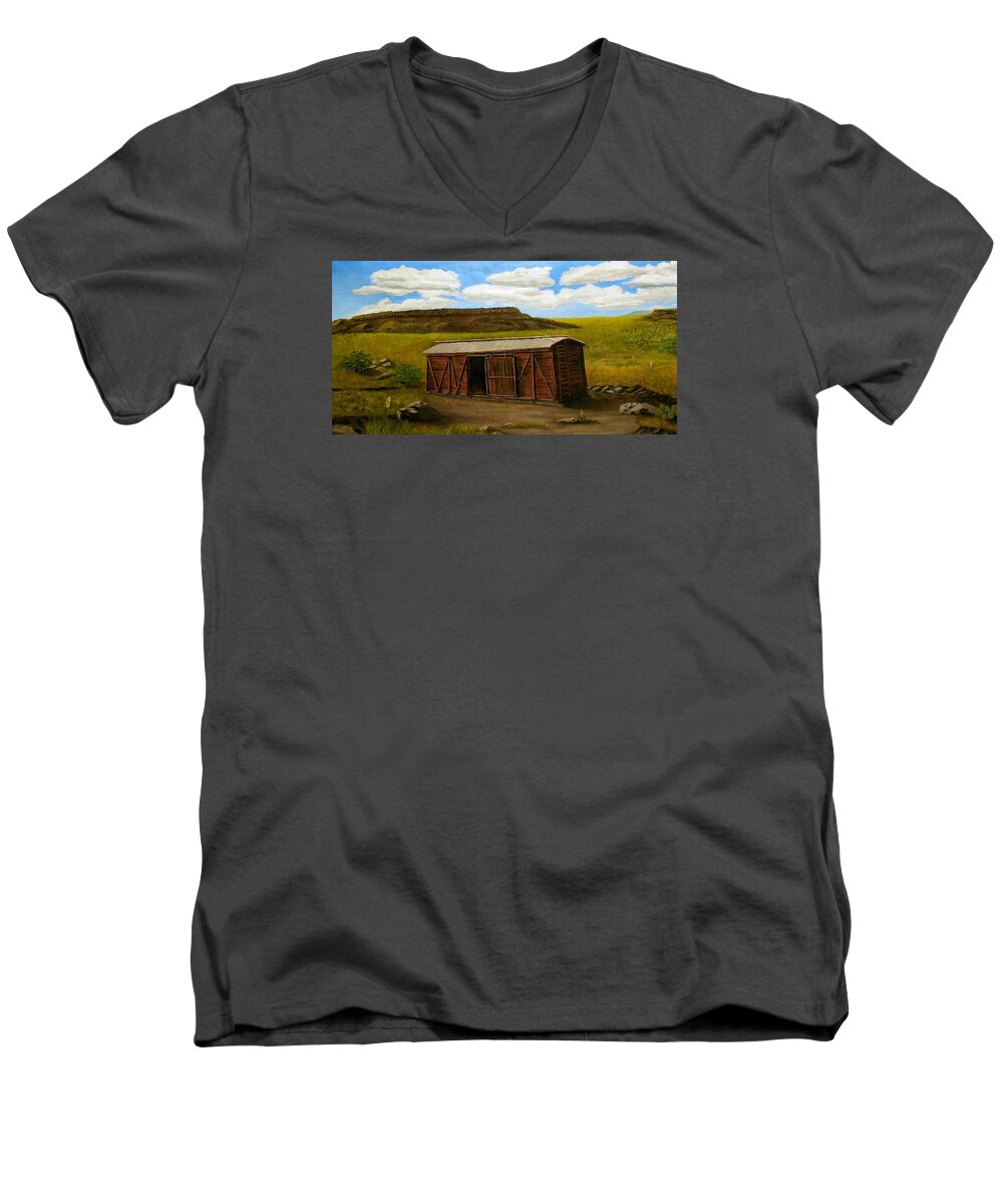 Boxcar Men's V-Neck T-Shirt featuring the painting Boxcar on the Plains by Sheri Keith