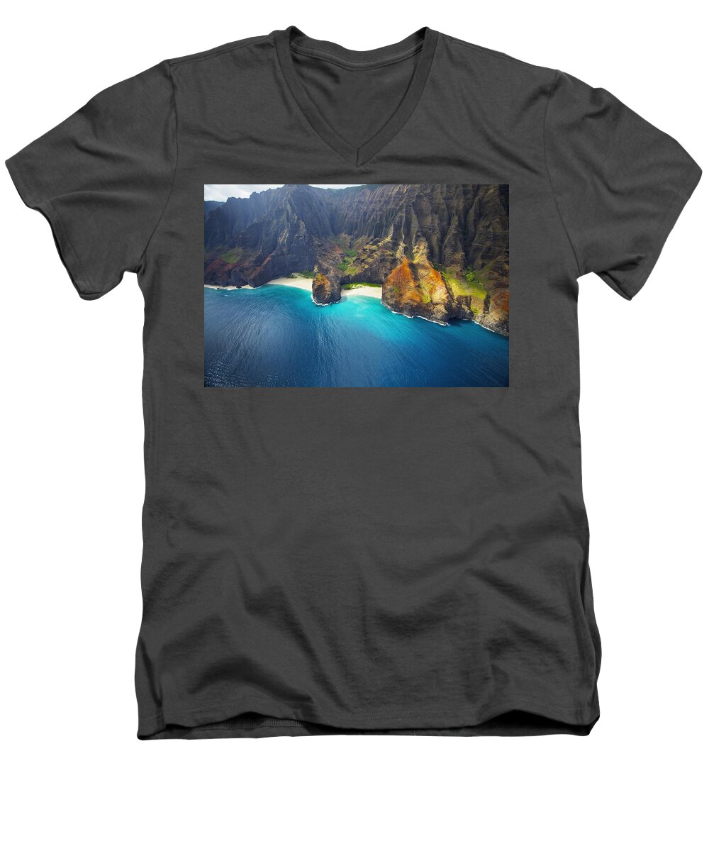 Aerial Men's V-Neck T-Shirt featuring the photograph Bright Na Pali Coast by Kicka Witte