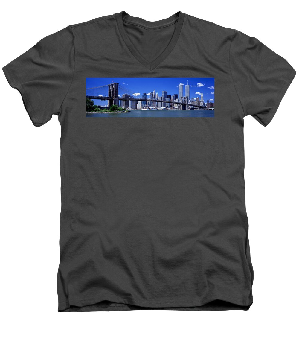 Photography Men's V-Neck T-Shirt featuring the photograph Brooklyn Bridge Skyline New York City by Panoramic Images