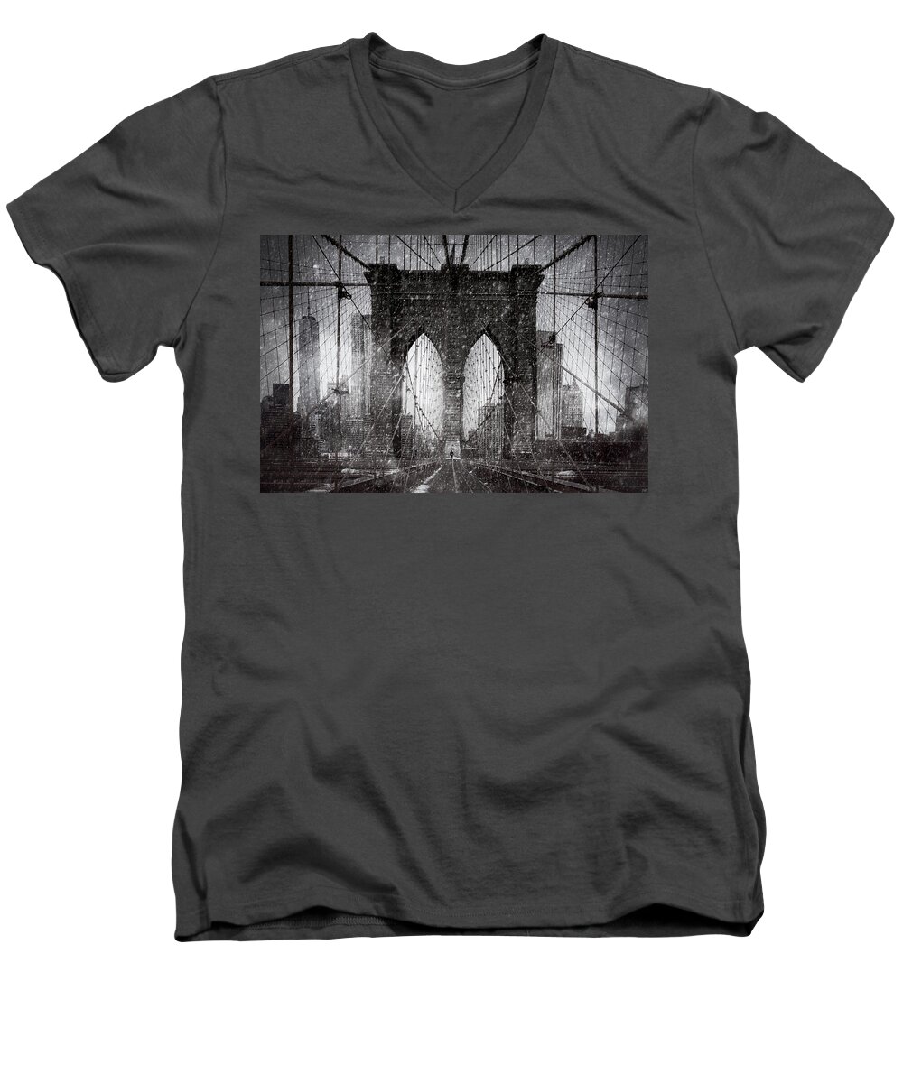 Brooklyn Men's V-Neck T-Shirt featuring the photograph Brooklyn Bridge Snow Day by Chris Lord