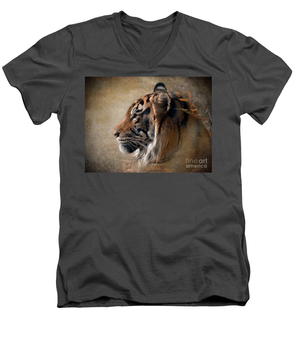 Tiger Men's V-Neck T-Shirt featuring the photograph Burning Bright by Betty LaRue