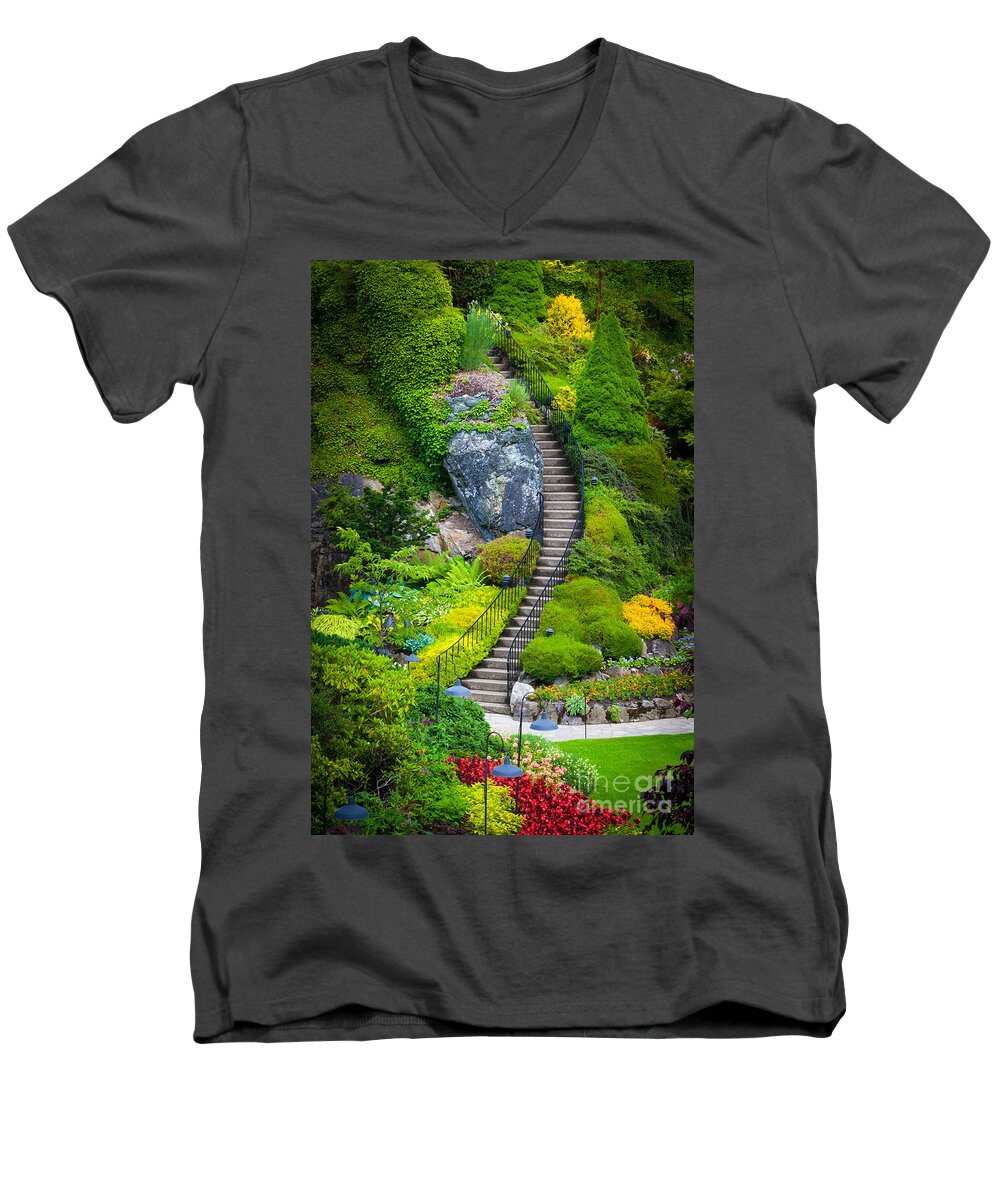 America Men's V-Neck T-Shirt featuring the photograph Butchart Gardens Stairs by Inge Johnsson
